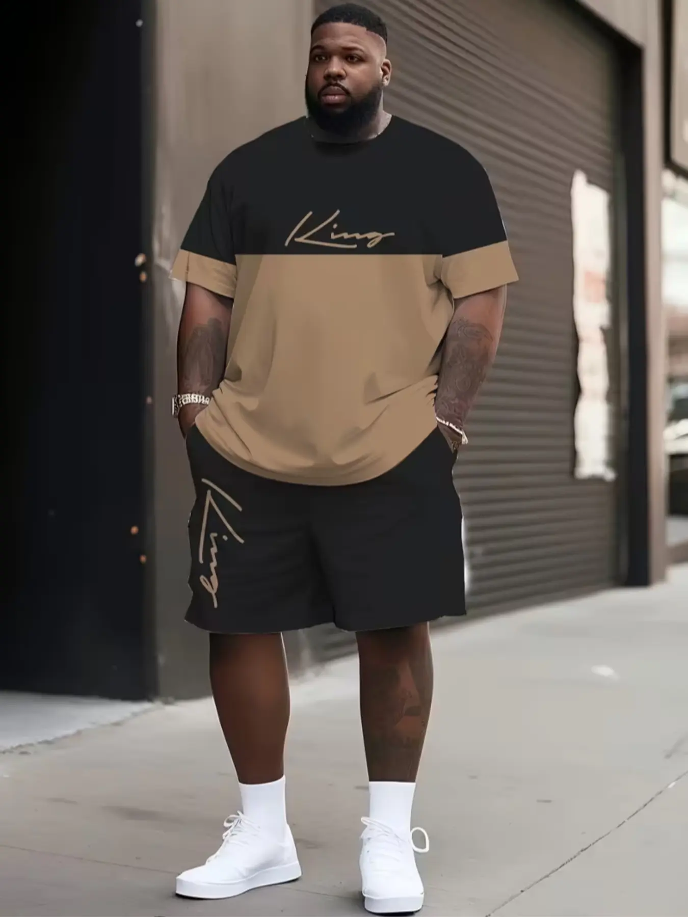 Men's Plus Size Colorblock King Graphic Print T-Shirt and Shorts Set, Loose Fit Outdoor Athletic Sportswear for Tall Men, Fashionable Menswear All Season