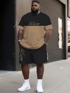 Men's Plus Size Colorblock King Graphic Print T-Shirt and Shorts Set, Loose Fit Athletic Sportswear for Tall Men, Fashionable Menswear All Season