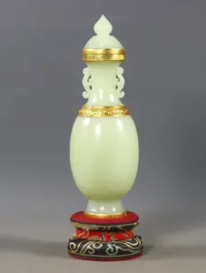 A1514 Chinese Inlaying Gold Edge Hetian Jade Double Ear Vase