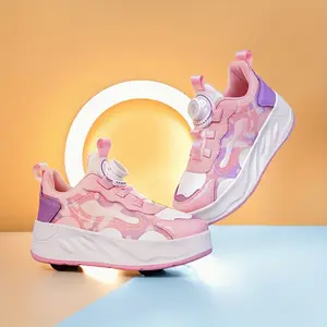 Youngsters' Trendy Roller Skates with Rotating Button Closure  Breathable, Durable, and Stylish Sneakers for Boys and Girls, Pink & Purple Design, Perfect for Outdoor Sports and Streetwear