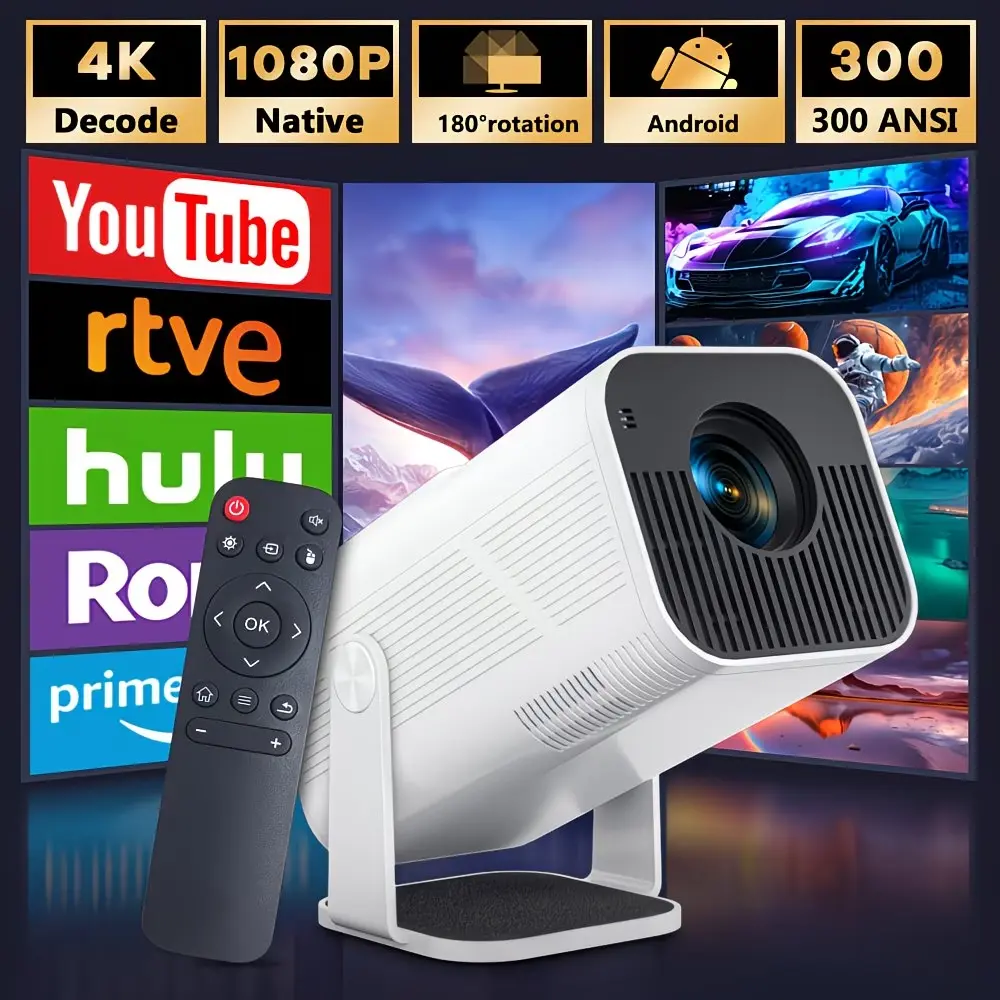 AMOVFILM AMX500-Black HD Wireless Projector - Native 1080P, WiFi 6, Bluetooth, Built-in Smart Android System, 180° Auto Keystone Correction, 100-240V, Portable, Remote Control Included for Indoor Family & Friends Home Use, Gaming Setups