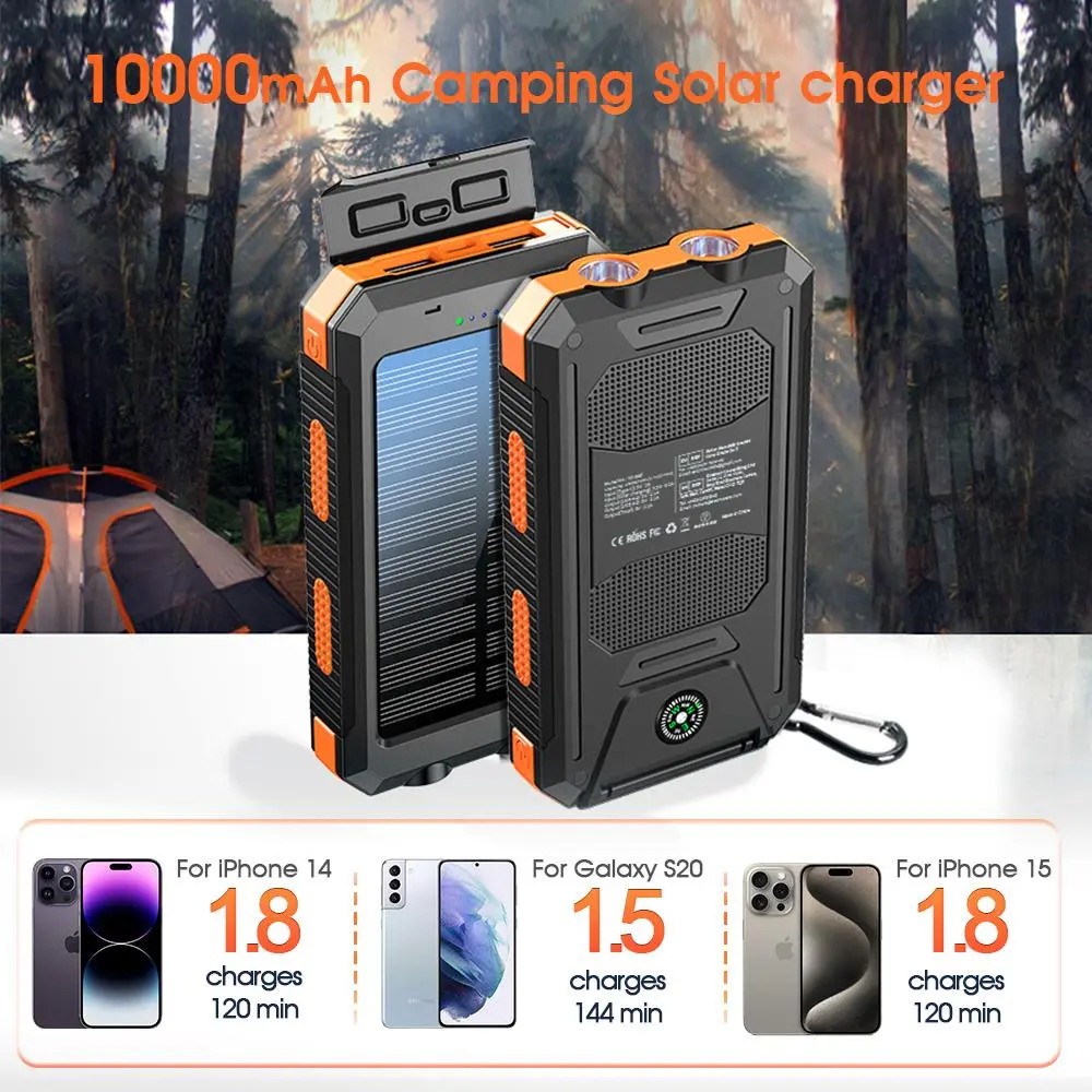 10000mAh Portable Solar Power Bank, Dual USB Output Port Waterproof Power Bank with LED Light, Solar Phone Charger Compatible with iPhone & Android #GLOBAL PICKS