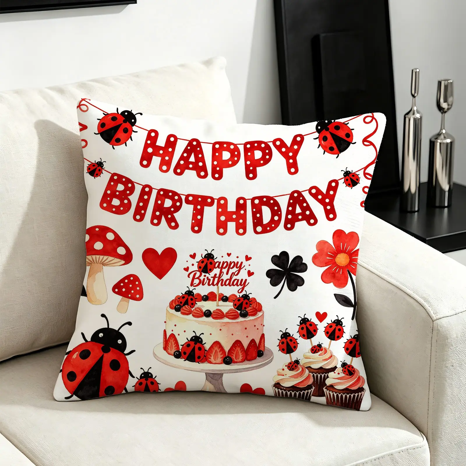 Happy Birthday Ladybug Throw Pillow, Soft Microfiber Fabric, Machine Washable, All Season Use, With Pillow Insert, Perfect for Sofa, Cafe, Bedroom Decor, Great Birthday Gift Idea
