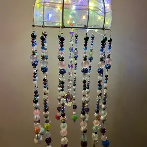 Multi colored Beaded Lighted Chandelier with Sheer Top with Crystals and Colorful Beads Hanging Down