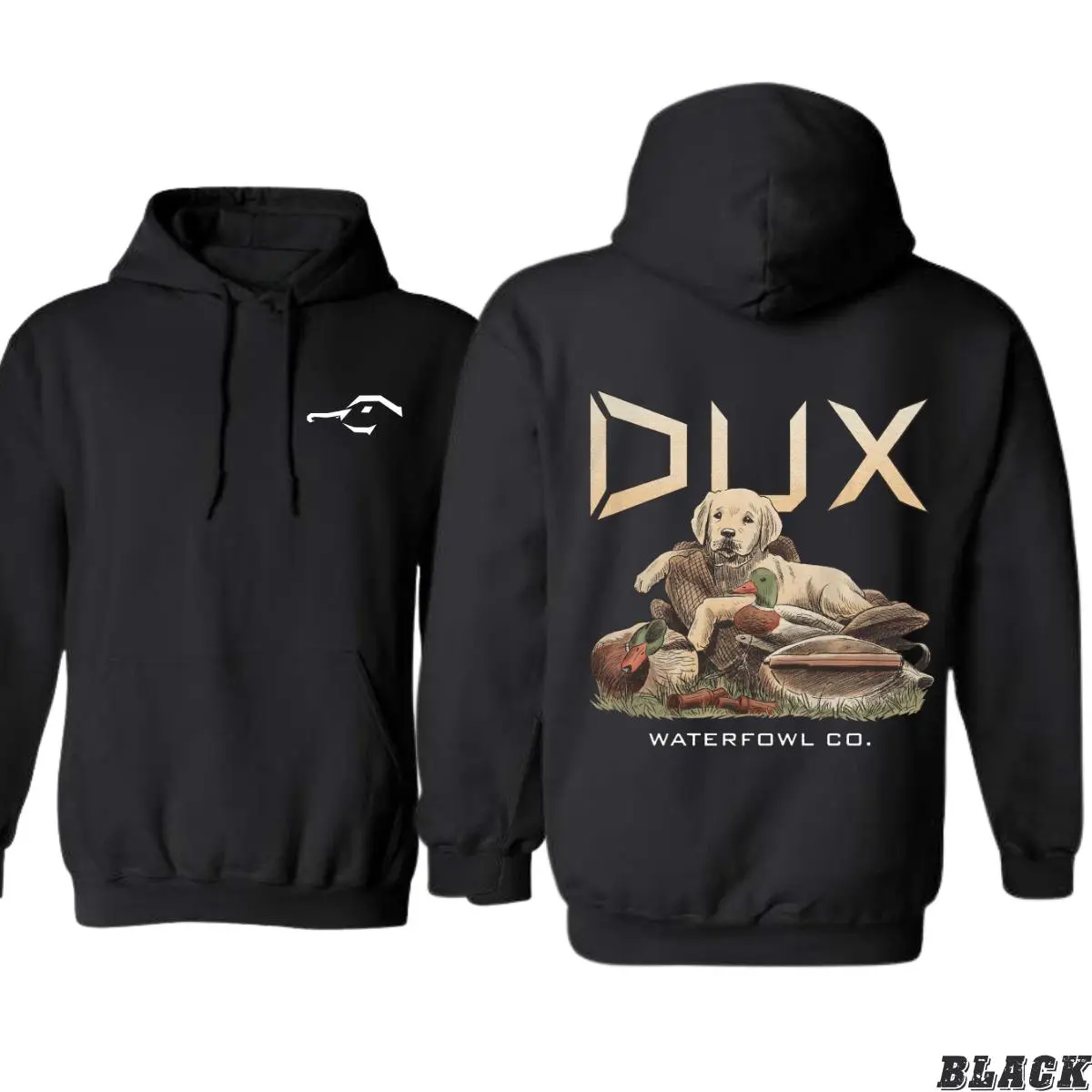 DUX Hunting Hoodie – Vintage Duck Dog & Waterfowl Scene Pullover, Perfect for Rustic Outdoorsmen & Country Duck Hunt Fans
