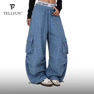 Unisex Plaid Cargo Pants Drawstring  Waisted Wide Leg Y2K Casual Trousers Trendy Baggy Streetwear Parachute Pants low waist Sweatpants bottoms Blue Style