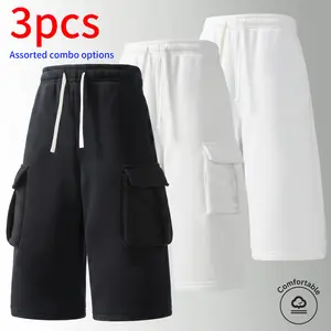 Pack of 3. Men’s 3/4 shorts: cargo shorts with side pocket accents, drawstring waist; running shorts; casual shorts; summer minimalist solid colors that are easy to match; suitable for daily commuting and work; men and women can wear them. Light gray