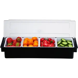 Ice Cooled Condiment Serving Container-4 Compartment Chilled Garnish Tray Bar Caddy with Hinged Lid (4 Compartments)
