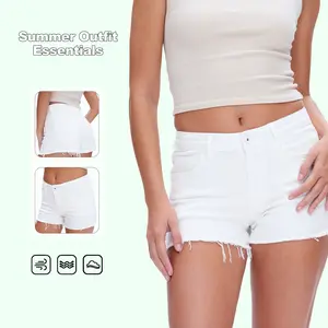 White High Stretch Denim Shorts Tummy Control  Butt Lifting Raw Hem Summer Essential