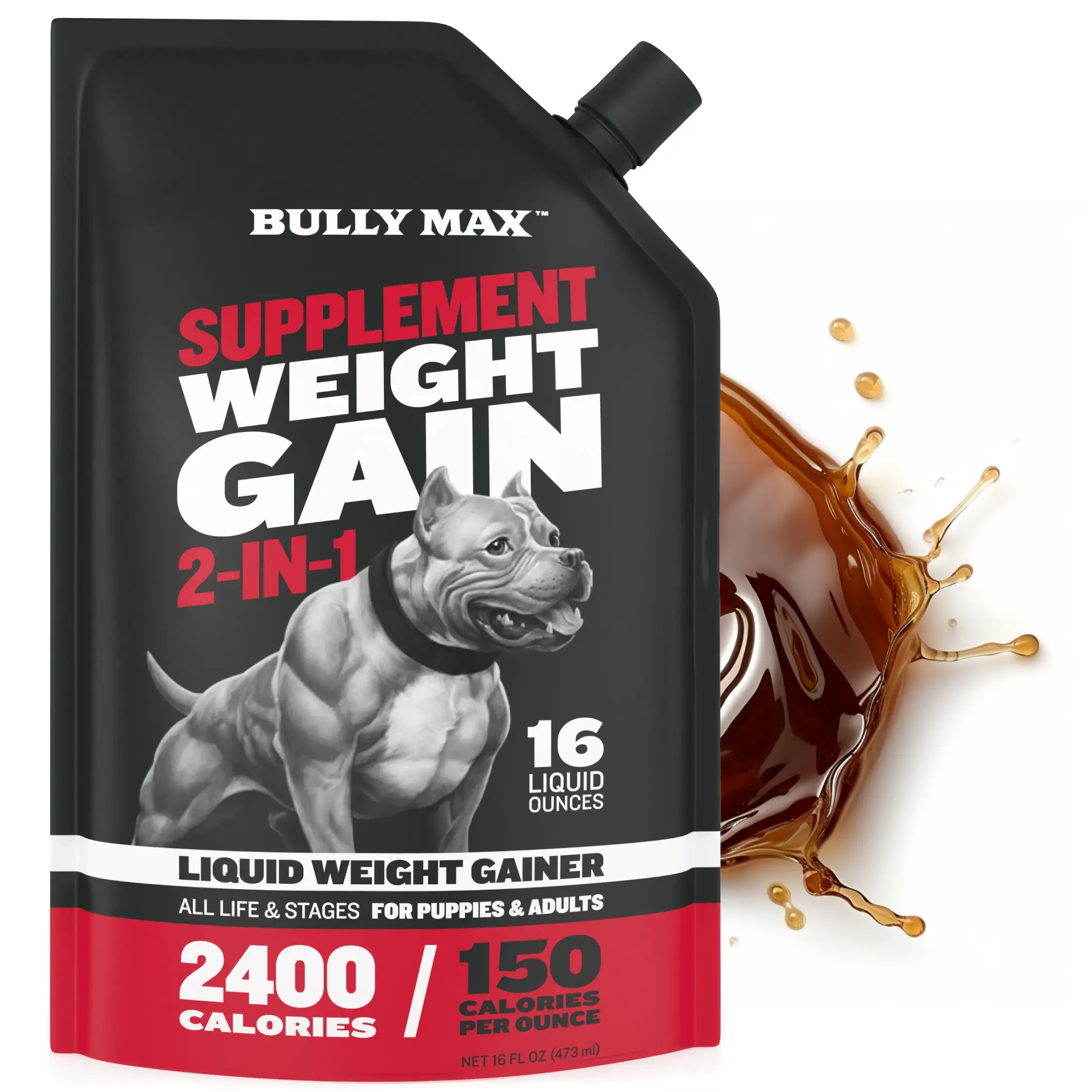 Bully Max Weight Gainer Liquid for Puppies & Adult Dogs | 2-in-1 High Calorie Multivitamin Dog Supplement - 16 oz Bag