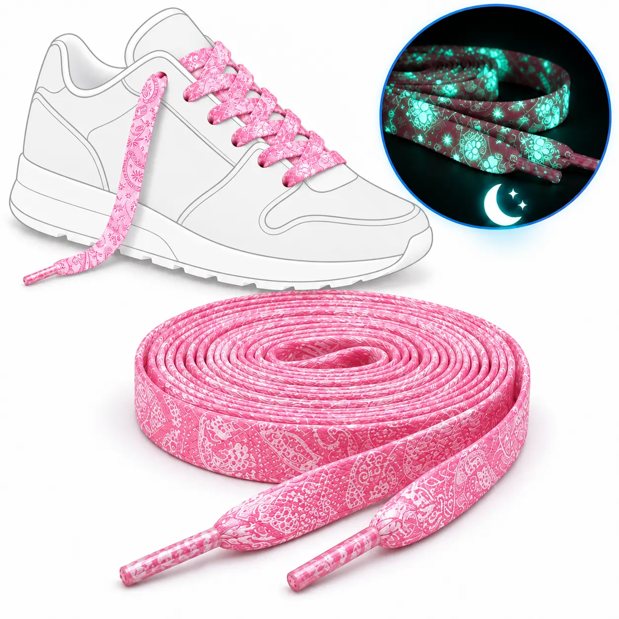 Pink Paisley Glow in the Dark Shoelaces – Luminous Patterned Laces