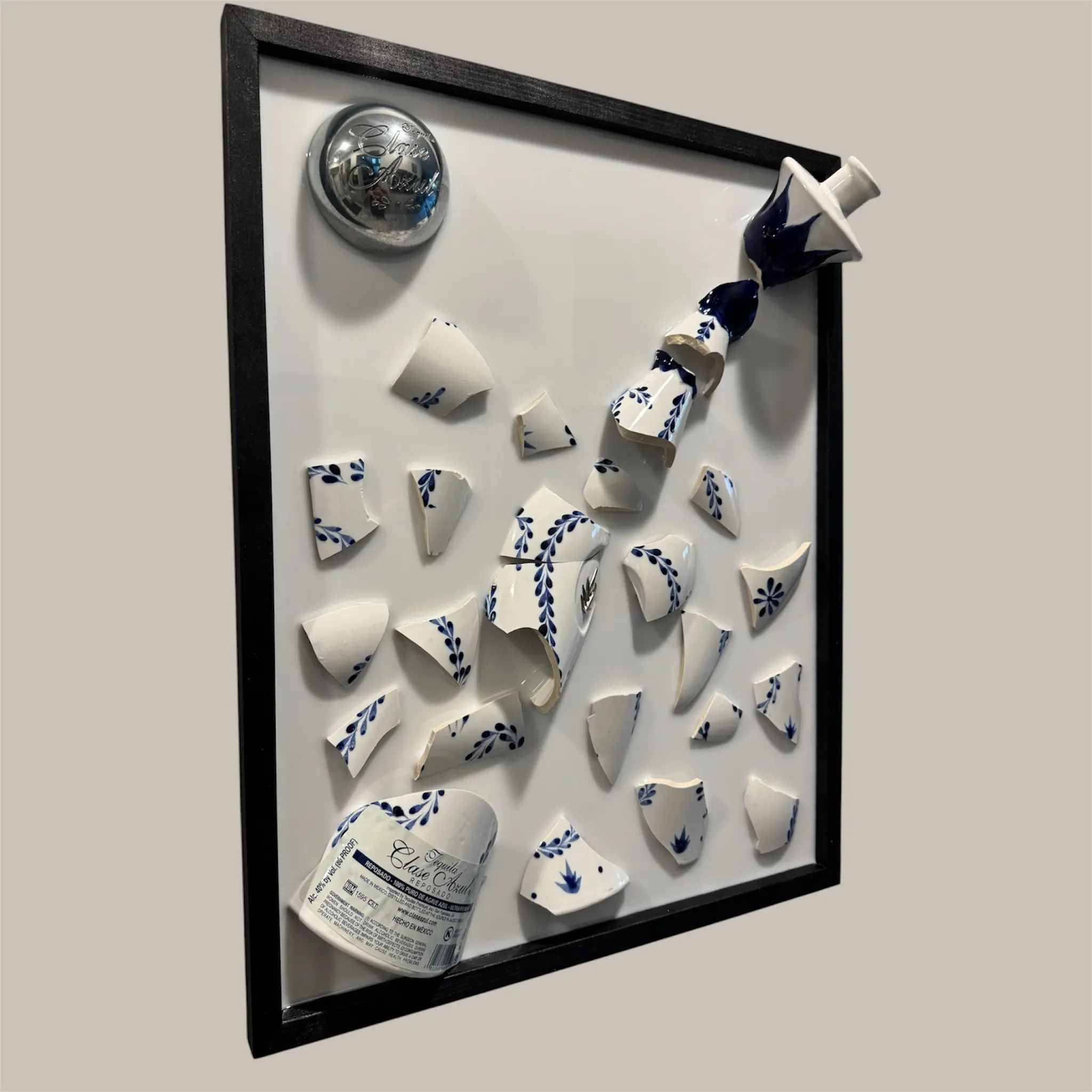 White Clase Azul Tequila Resin Artwork - 20"x16" Broken Bottle Wall Art, Handcrafted & Sustainable, Ready to Hang, Perfect for Home Bars & Lounges