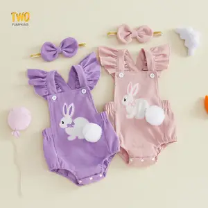 Baby Girl Easter Outfit Bunny Embroidery Romper Ruffle Sleeve Overalls Jumpsuit Cute Easter Clothes+headband