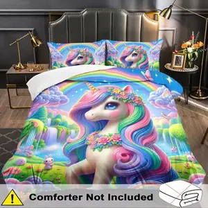 Unicorn Bedding Set, Rainbow Horse Quilt Set, Animal Pattern Quilt Set, Bedroom Decor Room, 3-Piece Set with 2D Cartoon Flat Print, Including 1 Quilt Set and 2 Pillowcases (unfilled)