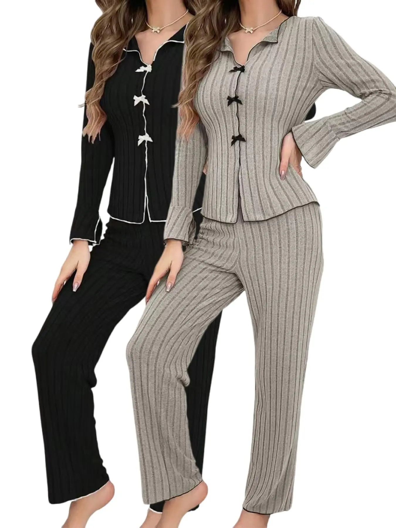 Women's Contrast Binding Lettuce Trim Pajama Set, Casual Bow Decor Long Sleeve Flounce Sleeve Collared Top & PJ Pants, Women's Sleepwear for Spring & Fall, Pyjamas for Women