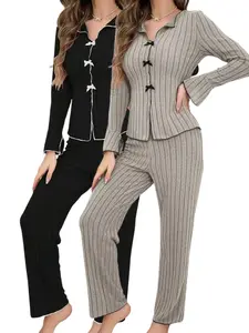 Women's Contrast Binding Lettuce Trim Pajama Set, Casual Bow Decor Flounce Sleeve Collared Top & PJ Pants, Women's Sleepwear & Loungewear for Spring & Fall, Pyjamas for Women