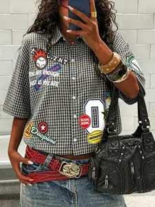 Women's Vintage Plaid Short Sleeve Button Shirt, Y2K Style Casual Streetwear Top, Perfect for Daily Parties, Trendy Fashion Blouse