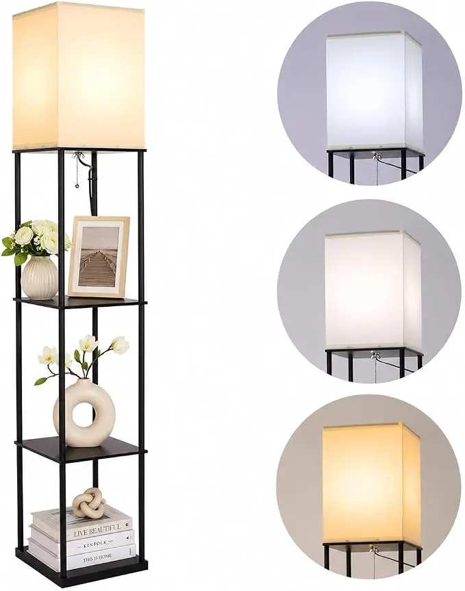 Floor Lamp with Shelves for Living Room 3 CCT LED Bulb Corner Display Standing Column Etagere Organizer Tower Nightstand White Linen Shade for Bedroom Office