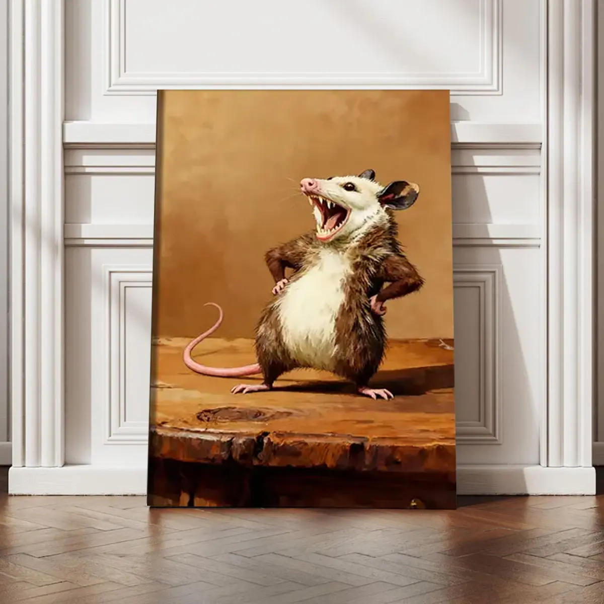 Opossum Funny Poster Canvas Wall Art, Opossum on a Wooden Table, Quirky Wall Decor, Opossum Humor Artwork for Animal Lovers, Funny Gift Idea for Home quirky wall decor