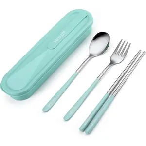Travel cutlery set, 18/8 stainless steel cutlery, Reusable utensils set with case, Portable Silverware Lunch Box for Camping and Office (blue)