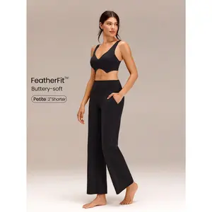GLOWMODE 27" Petite FeatherFit Ease Into It Wide-Leg Ultra-High Waist Leggings With Pocket Yoga Pilates Studio Daily Active Wear