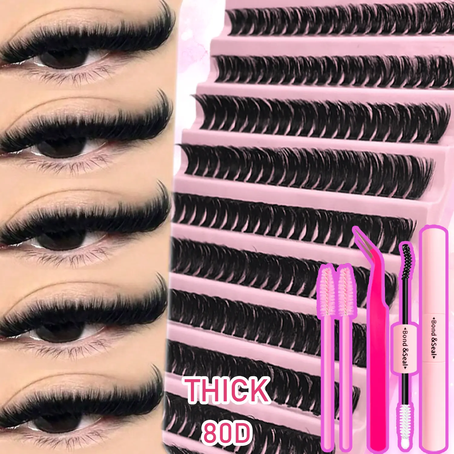 80D D Curl Volume Cluster Lashes Kit, False Eyelashes, Volumized False Eyelashes, 200PCS Dense Lashes, Fluffy Eyelash Clusters, With Glue, Tweezers & Brush, Lightweight Lash Extensions, DIY Application, Long-Lasting for Parties, Daily Makeup