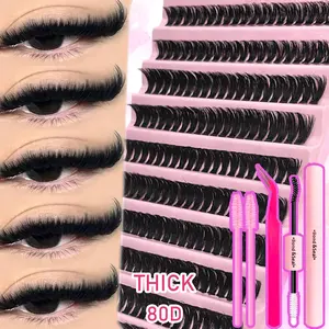 80D D Curl Volume Cluster Lashes Kit | 200PCS Extra Dense Lashes | Includes Glue, Tweezers & Brush | Soft Lightweight Cosmetic Lash Extensions | Easy DIY Application at Home | Eyelash Extension | Long-Lasting Glam Look for Parties, Weddings & Daily Makeup