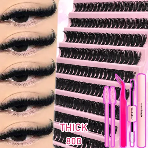 80D D Curl Volume Cluster Lashes Kit, Cluster Eyelash Set, False Eyelashes, 200PCS Dense Lashes, Fluffy Eyelash Clusters, With Glue, Tweezers & Brush, Lightweight Lash Extensions, DIY Application, Long-Lasting for Parties, Daily Makeup