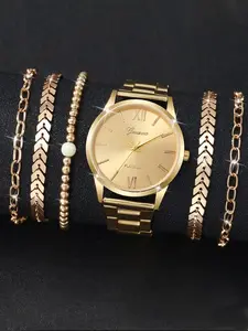 Women's Elegant Quartz Movement Watch Set, Business Fashion Watch, Round Gold Women Wrist Watch, Hardlex Glass, Alloy Strap, Buckle Closure, Suitable For All Seasons Casual Business Wear, Birthday Christmas Gift