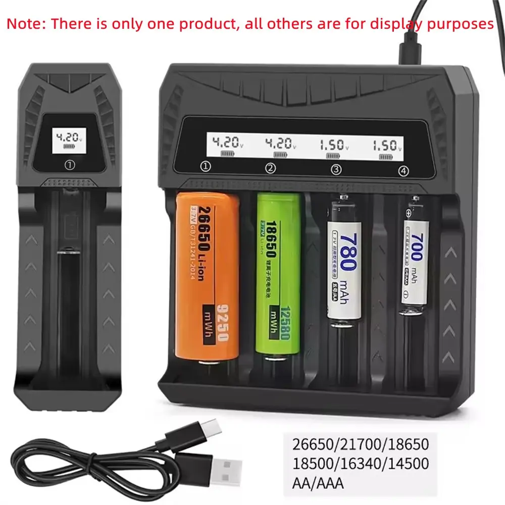 USB Intelligent LCD Rechargeable Battery Charger, USB Smart Charger, Multi Charger, 1/2/4 Slot Charging Station, Compatible with 4.2v Li-Ion 18650 & 1.2v Ni-Mh Aa Aaa Batteries, USB Charger Included