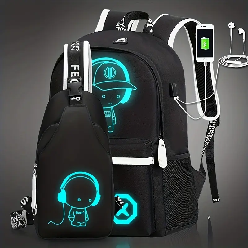 New Kids' Unisex Large-Capacity Canvas Backpacks for School - USB Port, Adjustable Shoulder Strap, Headphone Holder, Black for Travel, Casual Backpack, Student Class Backpack