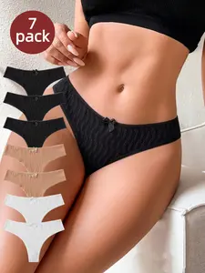 Women's Low-Waist Thong Panties with Wheat Pattern Lace, Sweet Butterfly Knots, Sexy Transparent Elegant Underwear, 7 Pcs Set, All Seasons, Lingerie, Aesthetic, Womenswear