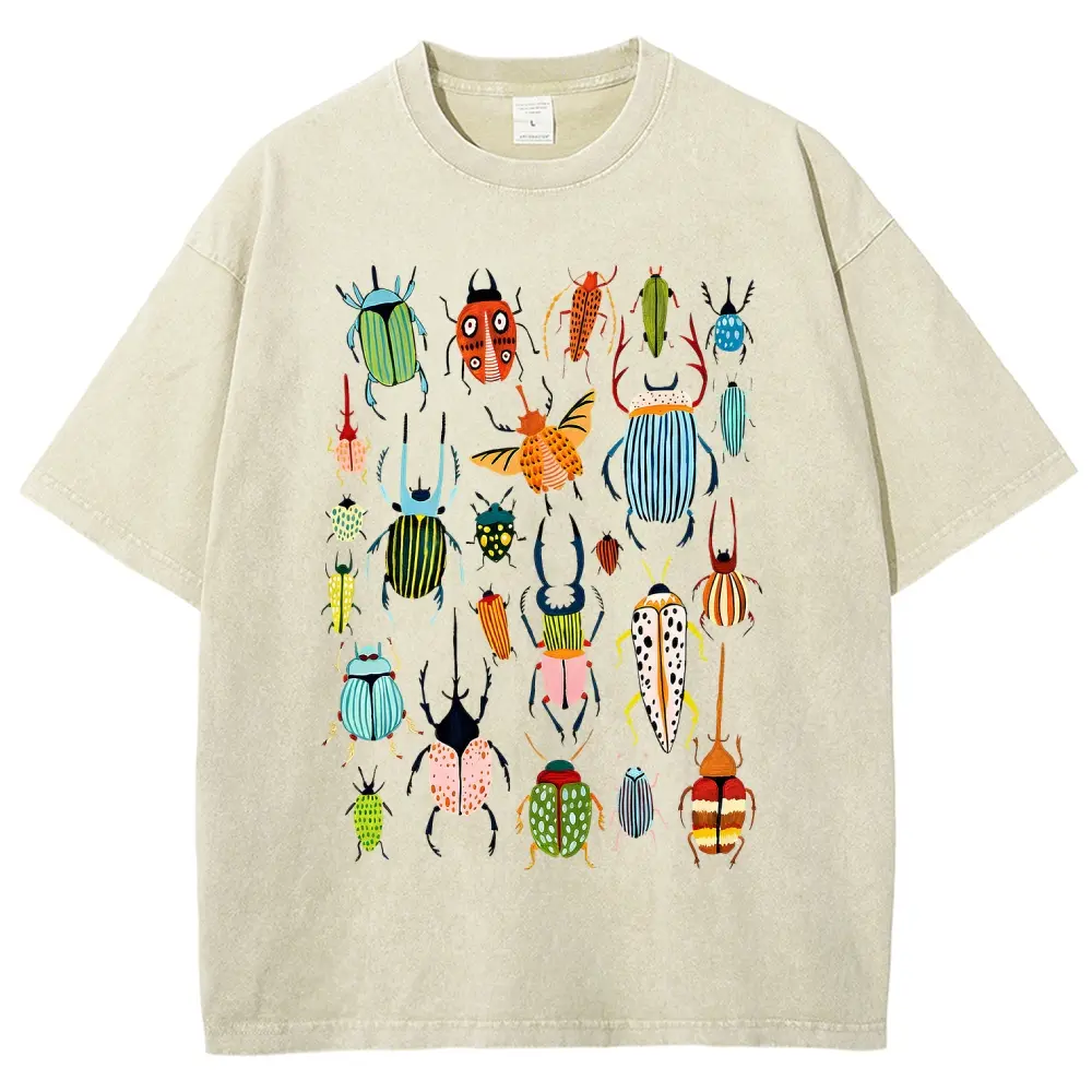 Women's Vintage Acid Wash Oversized Cotton T-Shirt, Funny Colorful Beetle Insect Nature Graphic Tee, Casual Boho Wildlife Short Sleeve Crewneck Top