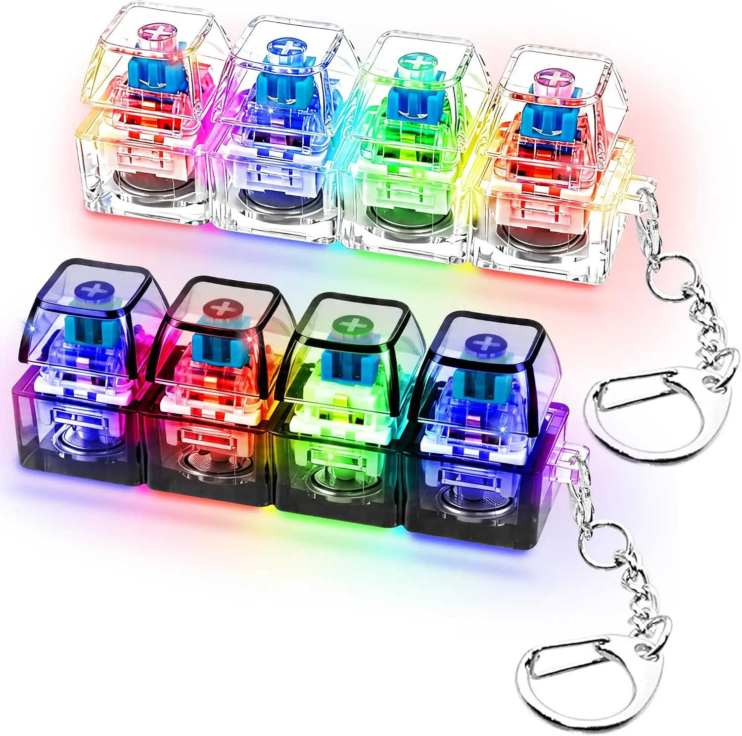 Unisex ABS Plastic LED Glow Keyboard Fidget Toy Keychain - 4-in-1 Square Keys, Click Sound Decompression Finger Button, Stress Relief Gift for Kids