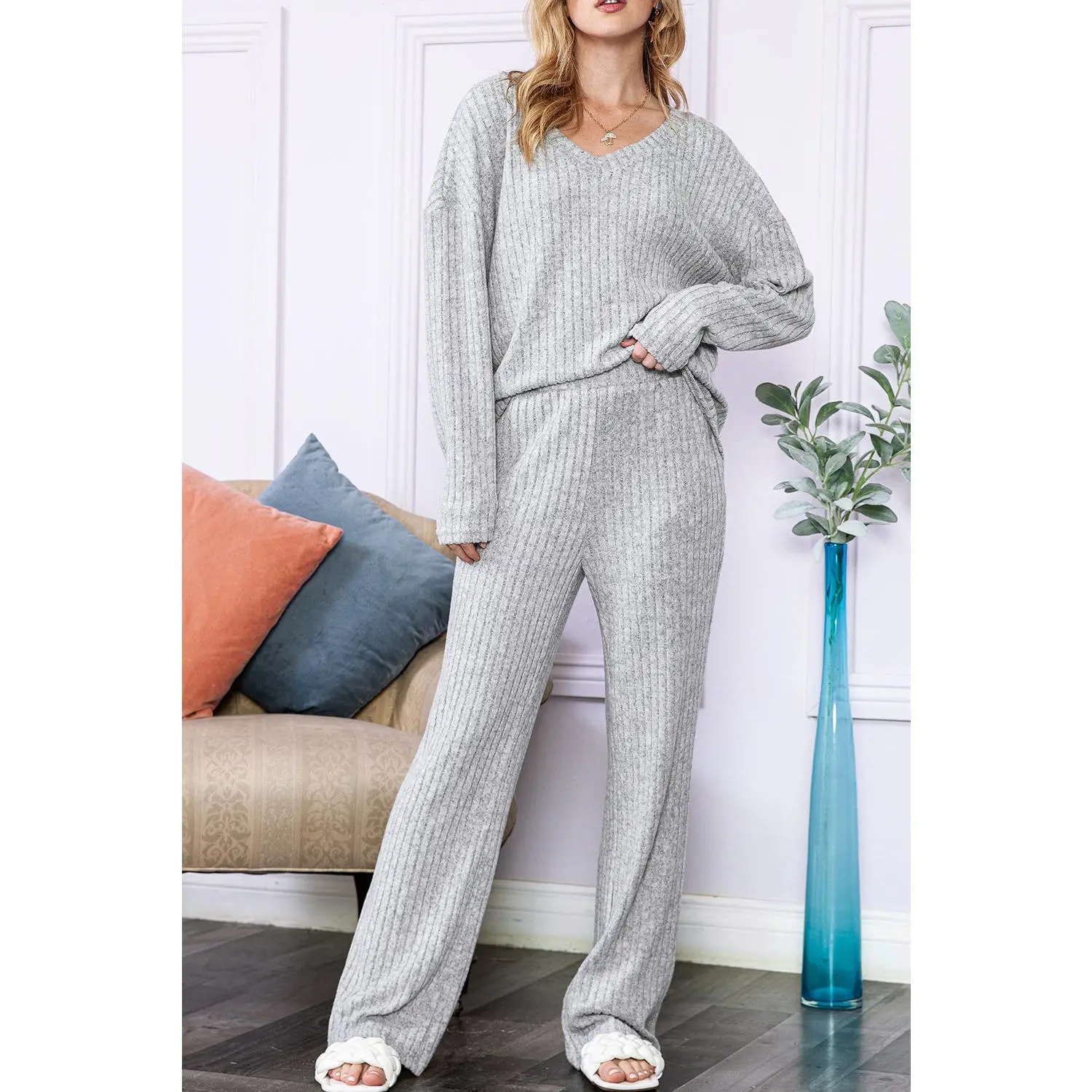Light Grey Slouchy Ribbed Knit V Neck Top & Pants Loungewear Set