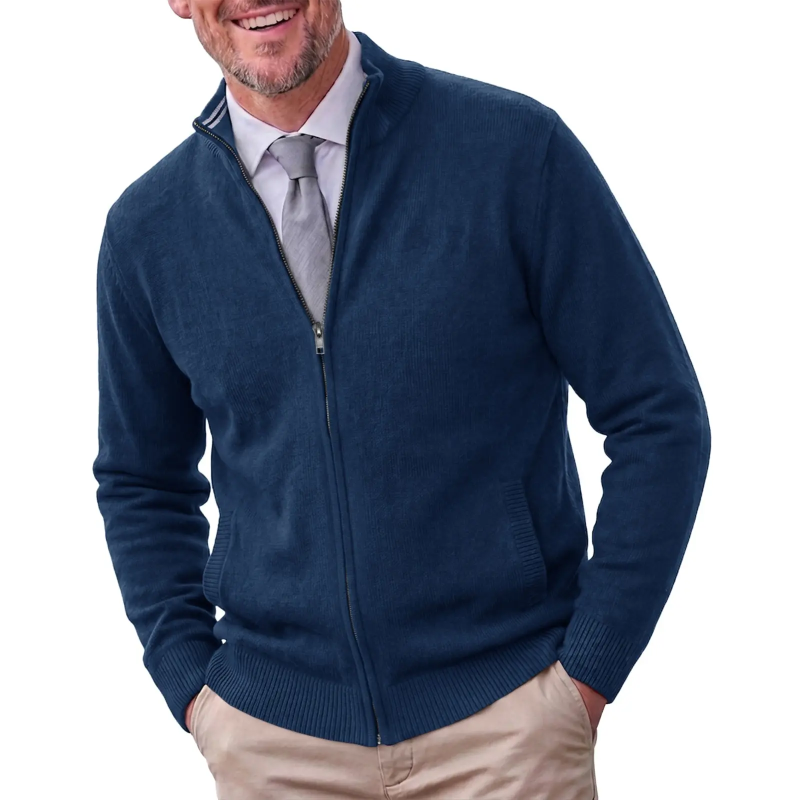 Runcati Men’s Full Zip Cardigan Sweater Casual Slim Fit Knit Fall Sweaters | Long Sleeve Sweaters with Pockets, Stand Collar Knitted Sweater, Fall Winter Cardigan, Business Casual Knitwear