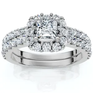 1.50Ct Princess Cut Halo Diamond Engagement Wedding Ring Set 14k Gold Lab Grown
