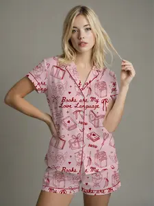 Books Are My Love Language Satin Pajama Set, Book Lover Valentine Sleepwear, Cozy Bookish Pajamas Gift