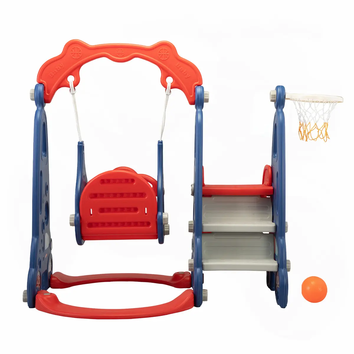 3 In 1 extra-long freestanding slide with safe swing, basketball hoop and a basketball for 1-8 Years Old Children Indoor Outdoor play, Red & Blue