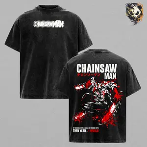Chainsaw Man Anime Washed Tee – Graphic T-Shirt, Dark Anime Aesthetic Gore Chaos Energy Streetwear Devil Hunter Vibe Trendy Otaku Gift Hype Anime Fashion