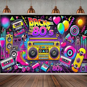 1PC 2D Flat 80s Retro Theme Polyester Backdrop Banner - Nostalgic Music Element Photography Background Cloth, Reusable Item for Birthday & Retro Style Event Decorations