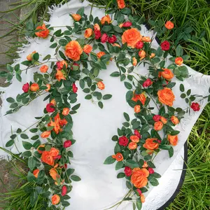 2PC Realistic Artificial Rose Vine Garland, 6FT Faux Silk Flower Greenery with Bendable Stem for Home Wall Decor, AC Pipe Cover, Boho Wedding Backdrop,farmhouse home decor （Orange）