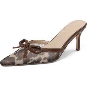 Women Kitten Heels Mesh Mules Black Bow Closed Pointed Toe Slingback Stiletto Slip On Pumps Dress Casual Daily Sandals outdoorfun