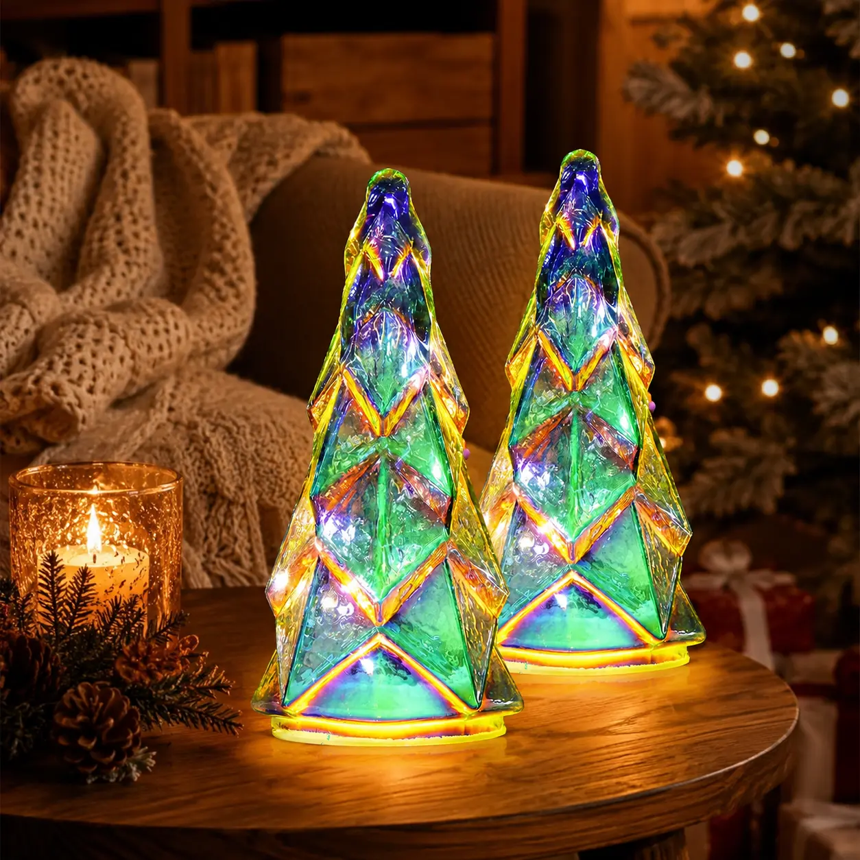 2-Pack Lighted Reflective Acrylic Glass Christmas Tree Set, Battery-Operated Tabletop Decor with 6-Hour Auto Timer, Faceted Holiday Decor for Mantel, Shelf, Ideal Family Gift, Faceted Tree