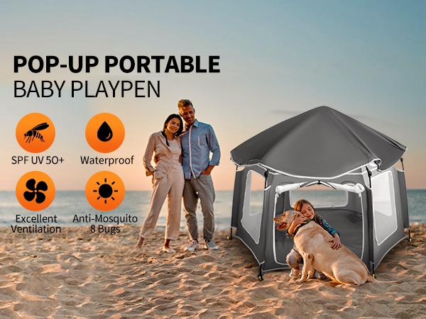 Pop-Up Portable Baby Playpen with UV Canopy, Waterproof Outdoor & Indoor Play Tent, Breathable Mesh Sides, Quick Setup Folding Baby Play Yard with Carry Bag & Stakes 59"/63“