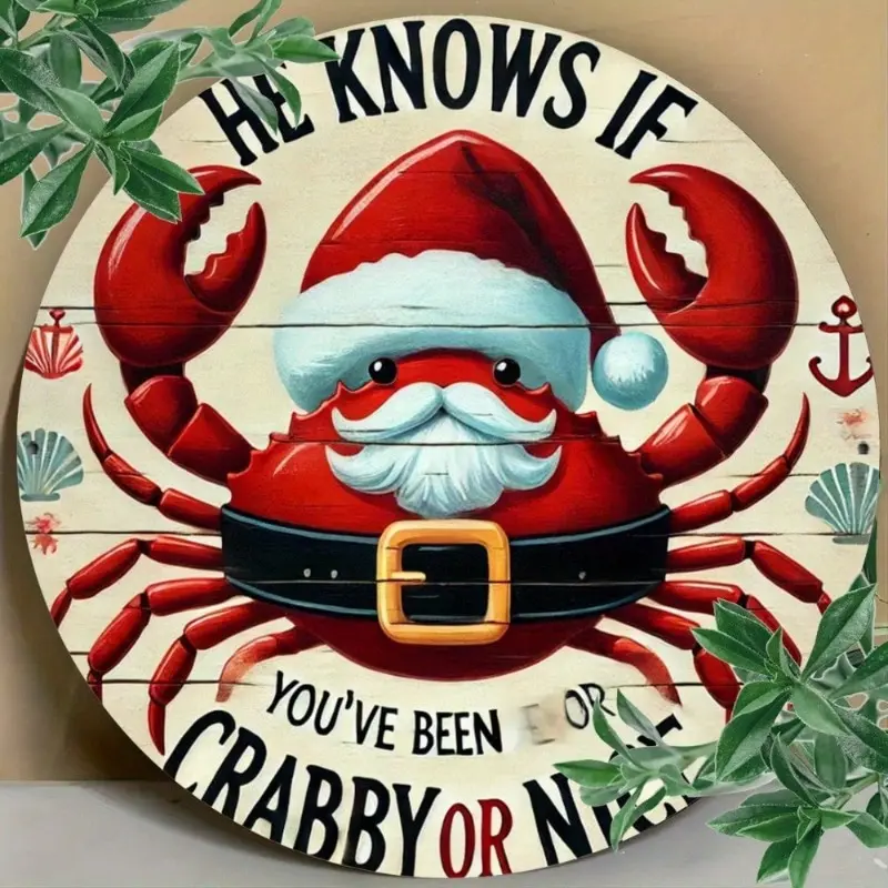 Aluminum Funny Christmas Santa Crab 2D Flat Wall Decor For Home Bar Cafe Aluminum Vintage Retro Holiday Party Gift 8 Inch