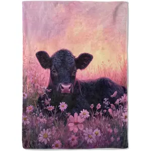 Flannel Blanket | Cute Cow Flower Flannel Blanket,Black Calf With Sunset And Pink Floral Throw Blankets,Soft Lightweight Country Throws For Bedroom Picnic Farmhouse Decor,Girls Farm Animal Lovers Gifts | Gift Blanket / All Season