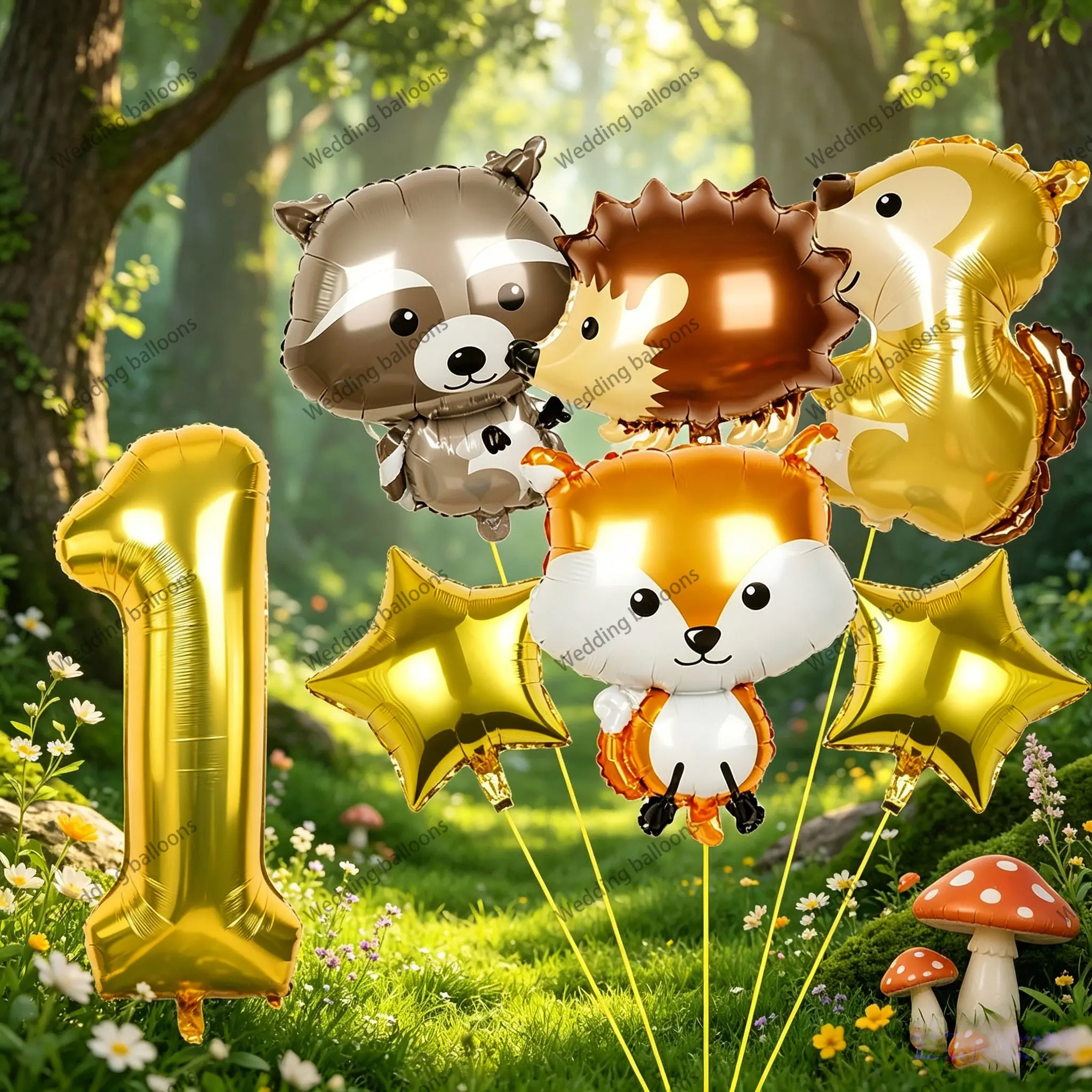 7 Piece Forest Animal Number Balloons 1-9, Cartoon Raccoon Fox Hedgehog Squirrel, Kids Birthday Party Decor, Indoor Outdoor Festival Supplies