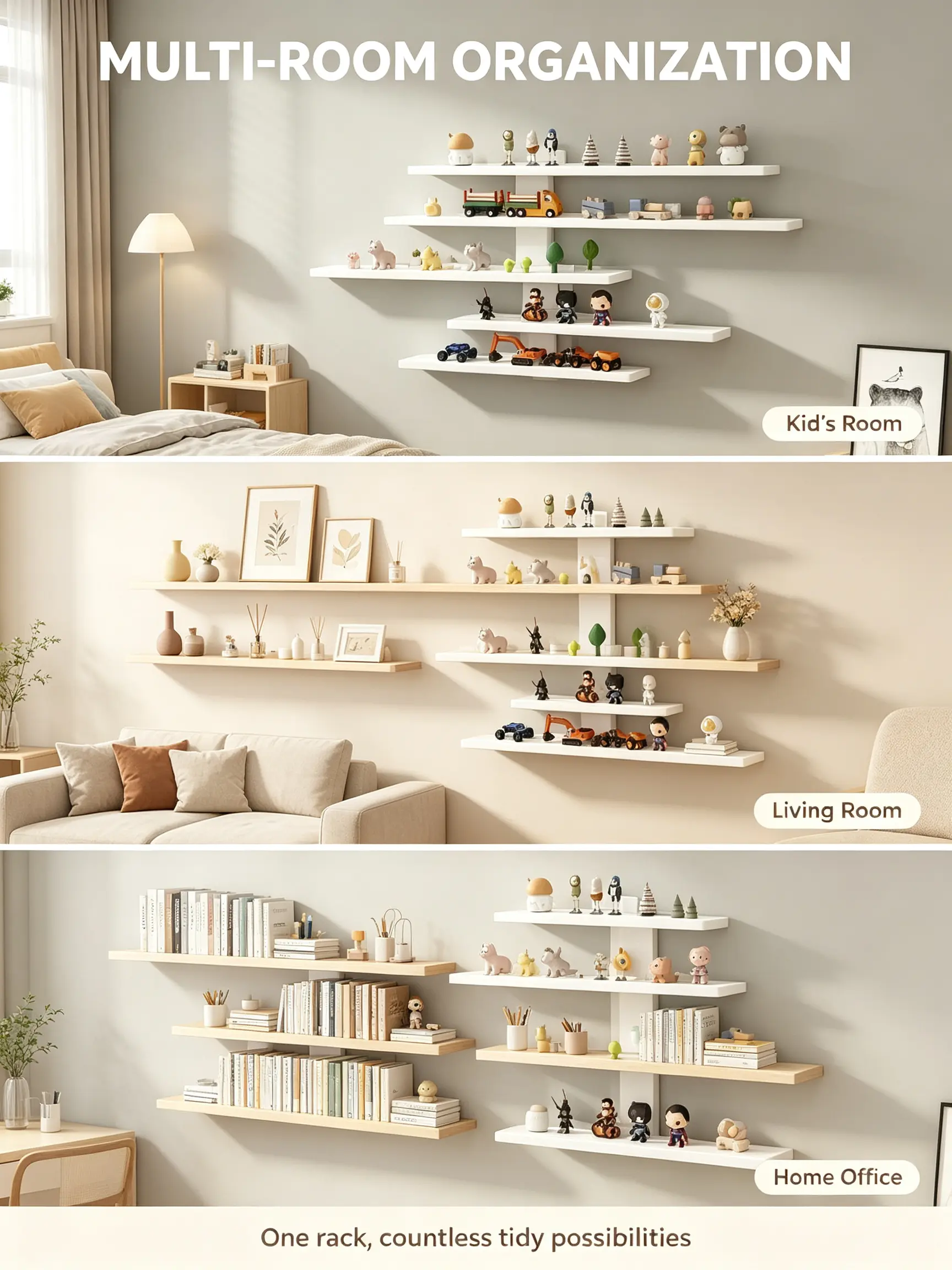 5-Tier Wall-Mounted Floating Shelves, Modern Minimalist Design, Black and White Finish, Space-Saving Home Decor for Bedroom, Bathroom Organization, Wall-Mounting Storage for Display Items