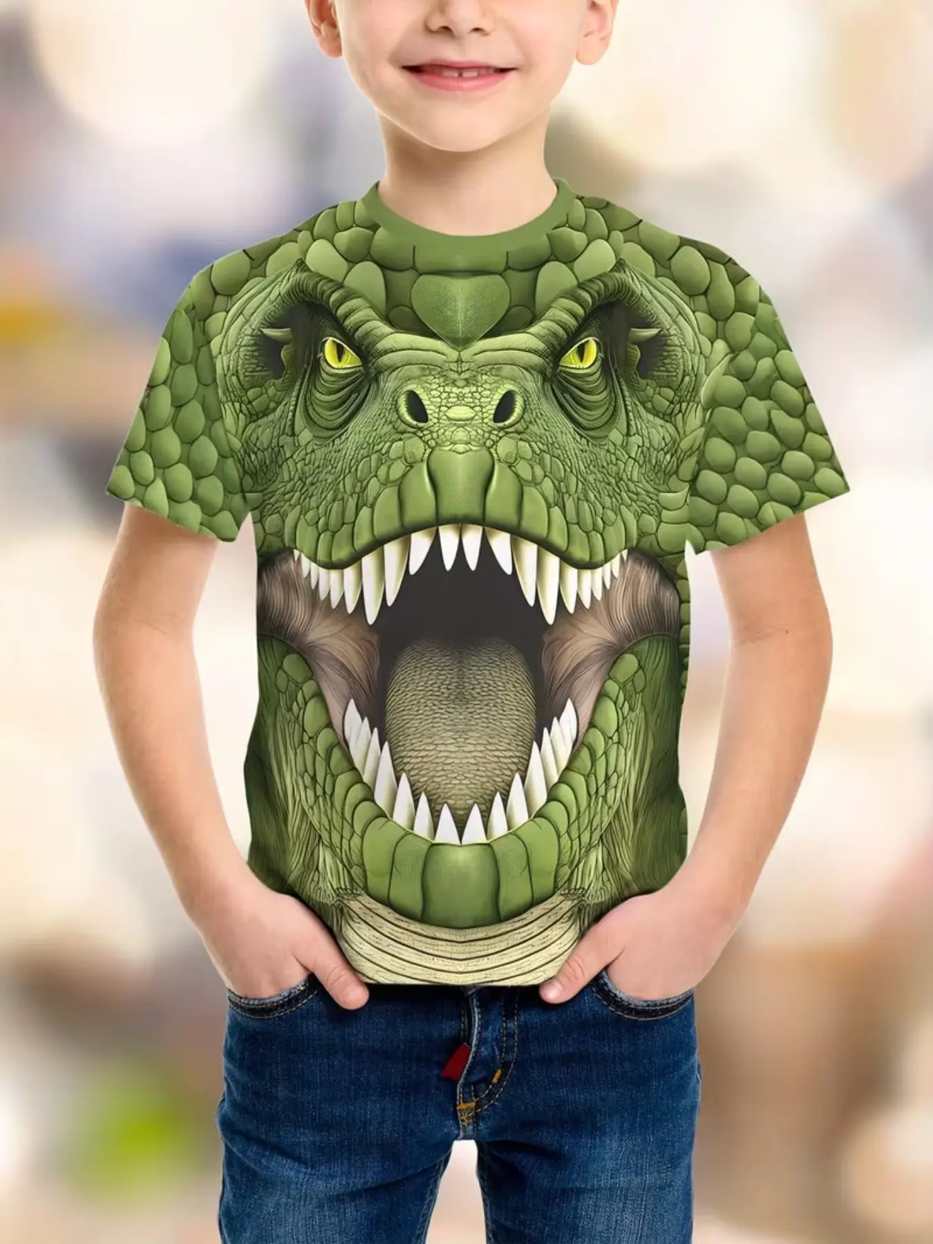Boys Dinosaur Print Short Sleeve T-Shirt, Graphic Printed Tee, Cartoon Print Tee, Tyrannosaurus Rex Colorblock, Summer Outdoor Play, Party, Casual Wear, Clothes Kids, All Seasons